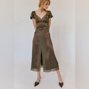 Free People Pink Skies Lace Brown Midi Dress